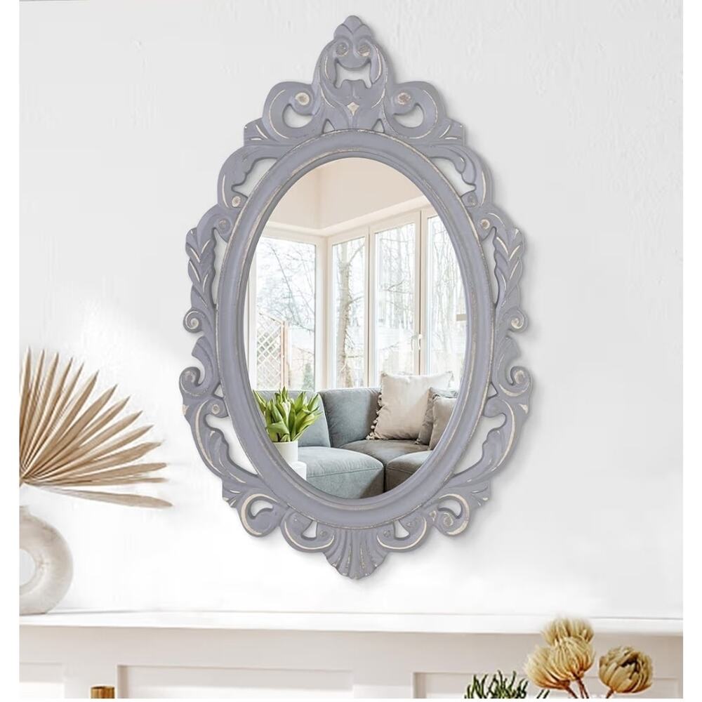 15x19.5” Distressed Oval Baroque Wall Mirror Gray Gold Ornate Vintage Style